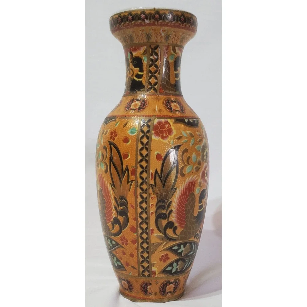 Vintage Chinese Asian Vase Bird Floral Motif 9-3/4